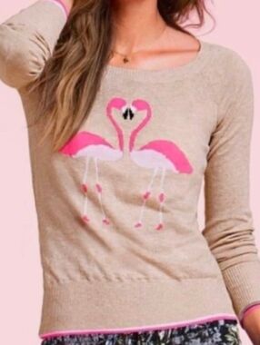 Victoria's Secret Beige Crewneck Sweater with Pink Flamingo Motif